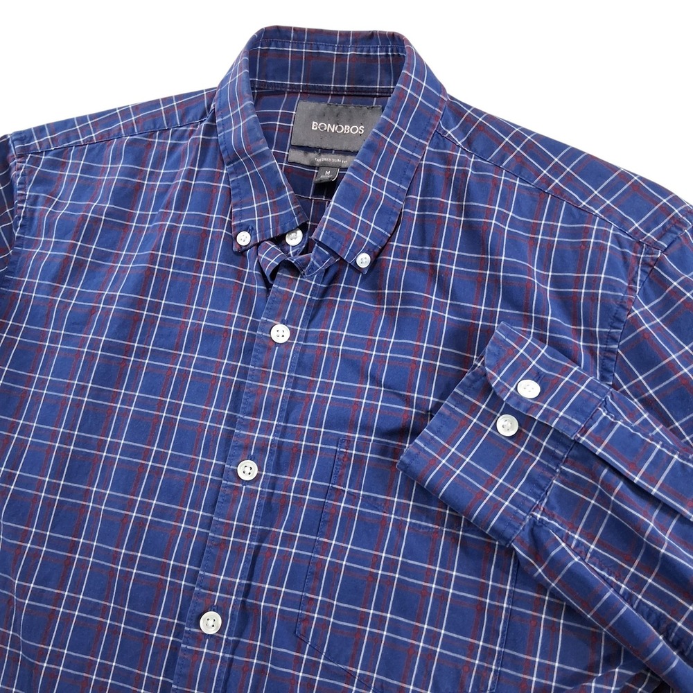 Bonobos Button Down Shirt‎ Mens M Short Blue Red Plaid Tailored Slim Fit